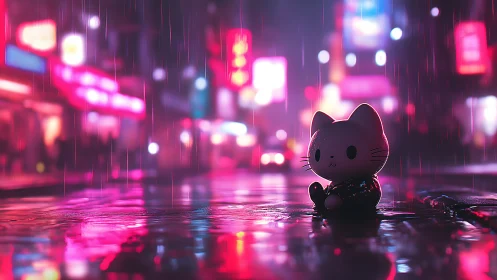 Neon rainlit street with stylized cat figurine in shallow focus.