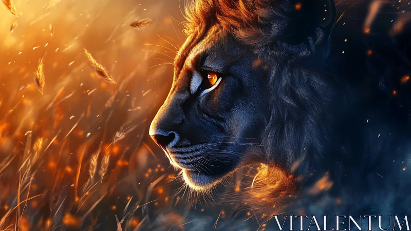 Lion profile in glowing orange and blue contrast field.