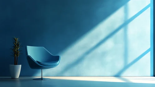 Sunlit blue lounge corner bathing in calm geometry.