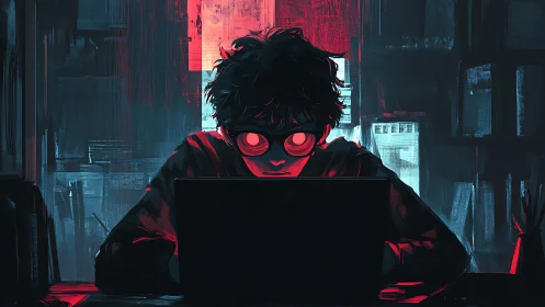 Nighttime coder immersed in a glowing digital world.