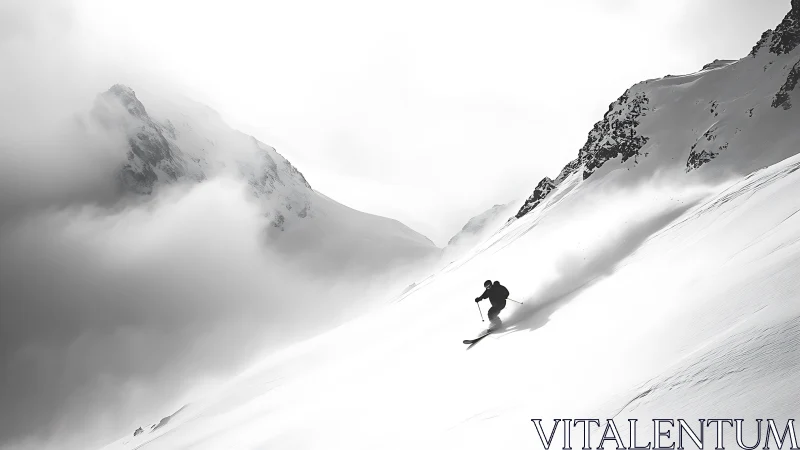 Lone skier carves luminous tracks through silent alpine veil.