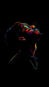 Neon rimlit portrait of upward-gazing person in deep black field