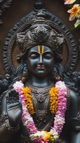Serene black stone deity wrapped in bright flower garlands.
