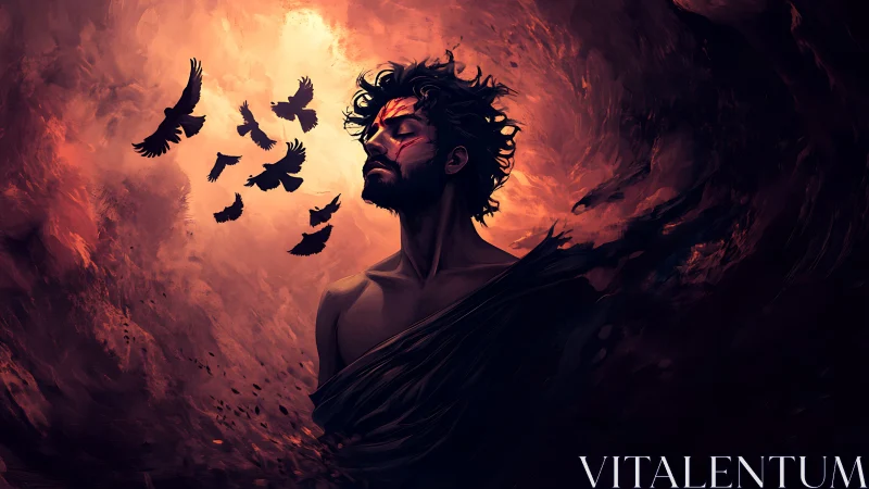 Solitary man embraces circling crows within flaming void