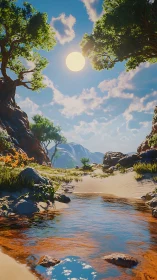 High-noon desert creek with rocky outcrops and distant peaks