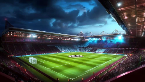 Floodlit football arena under stormy blue evening sky.