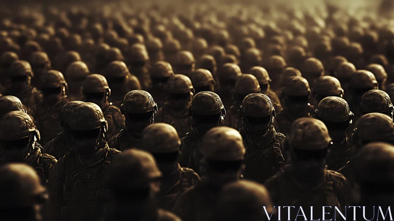 Dense formation of uniformed soldiers in low warm light.