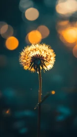 Backlit dandelion seed head glows against soft bokeh dusk