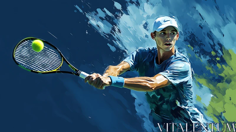 Dynamic tennis player strikes a backhand amid abstract blues