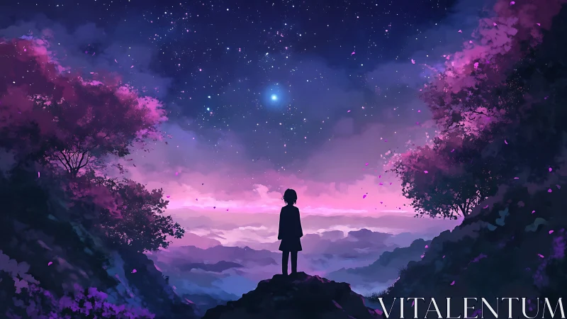 Child beneath violet cosmos on misty twilight ridge.