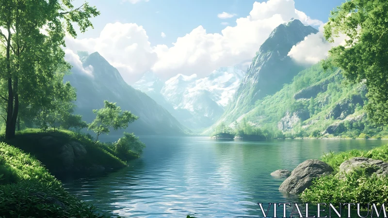 High dynamic range alpine lake with lush sunlit valley