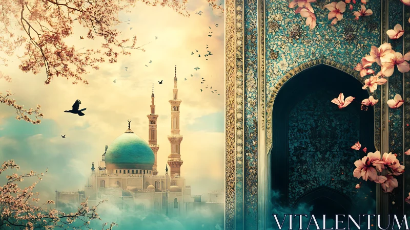 Dreamlike mosque skyline contrasts with ornate tiled portal