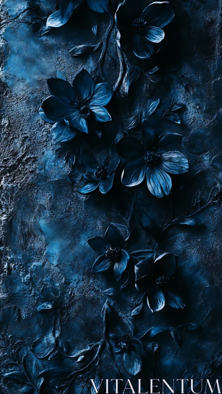 Blue Floral Composition on Textured Stone Surface