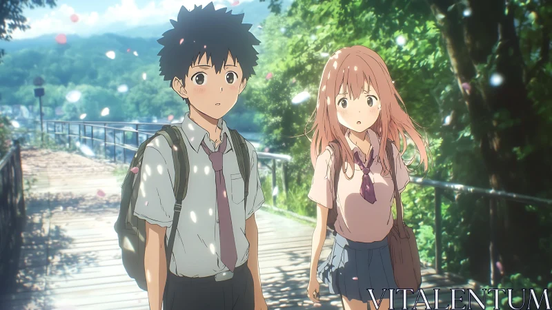 Two anime students walk on sunlit wooden bridge path