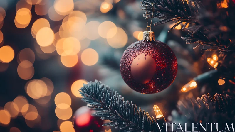 Cozy red ornament glowing softly on a twinkling tree.