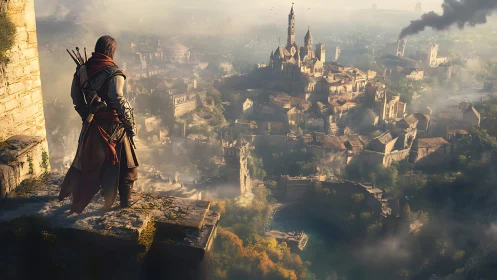 Lone cloaked ranger surveys misty medieval fortress city.