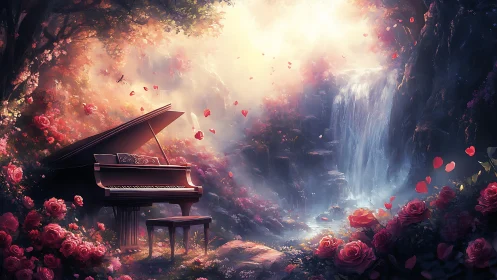 Enchanted piano serenades a rose-lit waterfall dreamscape.