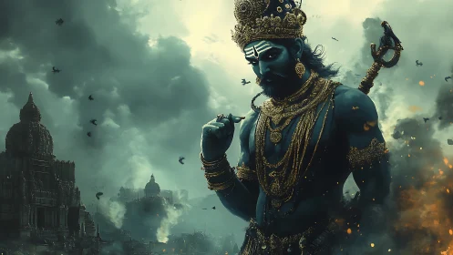 Mythic blue warrior amid stormy temples and smoke clouds.