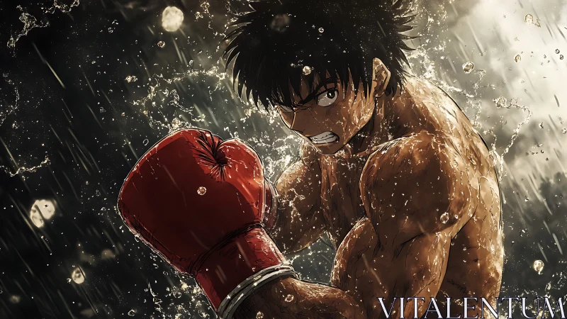 Storm-soaked anime boxer clenches a powerful, determined punch