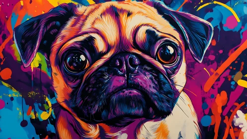 Pug portrait rendered in vivid multicolor digital illustration