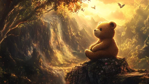 Sunlit teddy bear quietly daydreams beside glowing falls