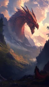Colossal fire dragon towers above lone valley warrior.