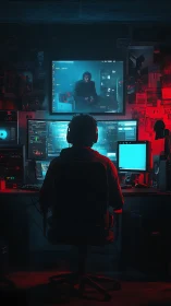 Solitary hacker monitors multiple screens in neon bunker.