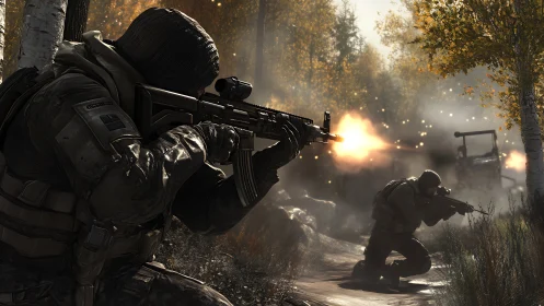 Tactical soldiers firing rifles in autumn forest ambush.