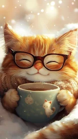 Cozy Spectacled Ginger Cat Savors Morning Coffee in Whimsical Winter