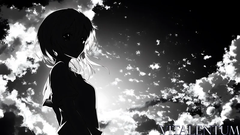 Silhouetted anime figure against high contrast cloudy sky.