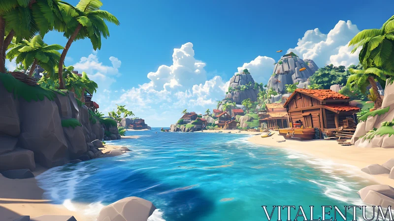 Tropical Island Beach Settlement With Stone Cliffs and Turquoise Waters