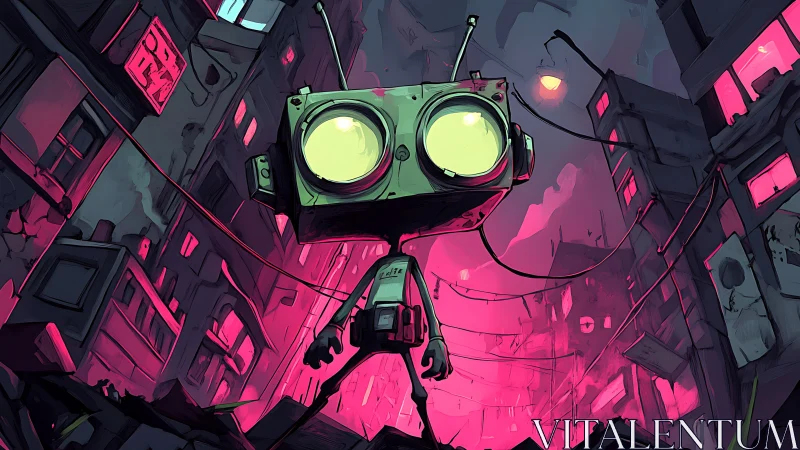 Neon-eyed alley robot claims the ruins as its playground