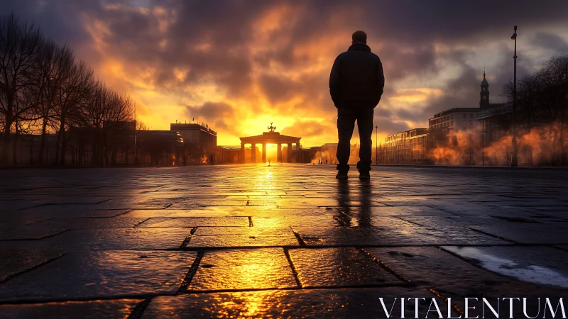 Sunrise solitude at Brandenburg Gate in glowing reflection.