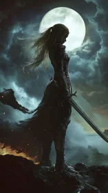 Moonlit warrior stands strong in a stormy fantasy night.