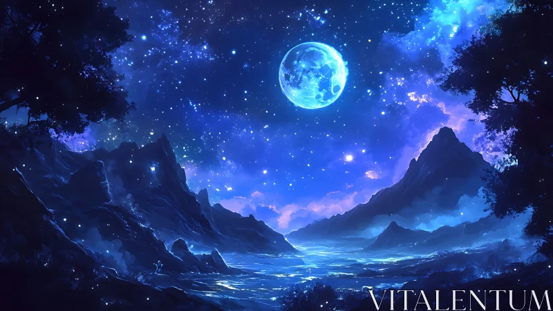 Blue moonlit seascape with mountains under starry sky.