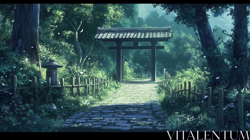 Sunlit forest torii gate marks quiet stone path entrance
