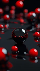 Gleaming red spheres float on glossy black liquid surface