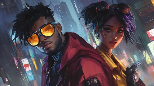 Cyberpunk duo in neon cityscape with reflective eyewear.
