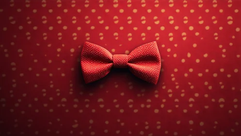 Red polka dot bow tie centered on patterned backdrop.