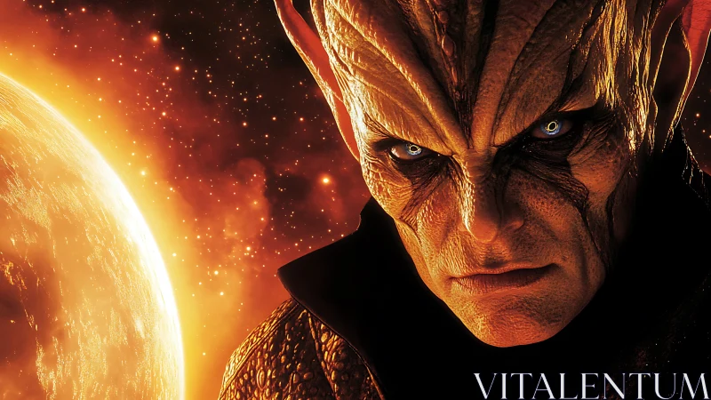 Alien humanoid stares intensely beside glowing orange planet