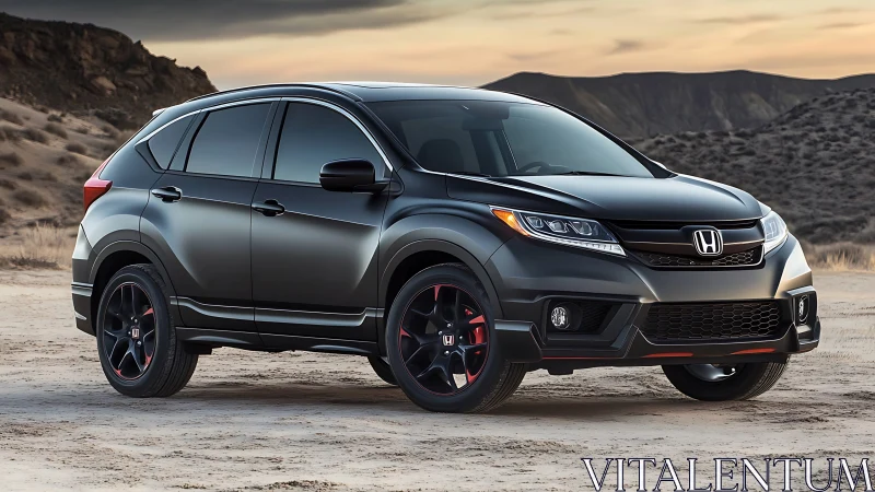 Matte black Honda crossover with sport trim in desert terrain.