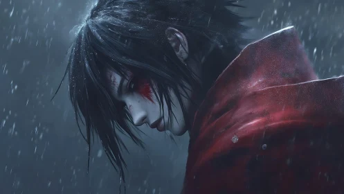 Stoic warrior in rain with crimson cloak and scarred face.