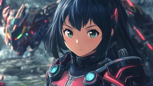 Armored mecha pilot with intense emerald gaze, battle ready