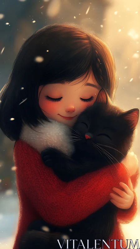Girl Embracing Black Cat in Warm Golden Light