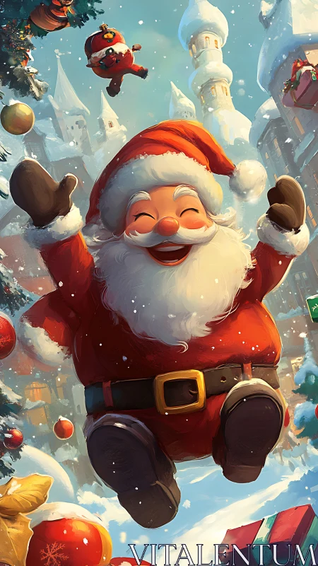 Joyful Santa leaping through snowy festive village sky.