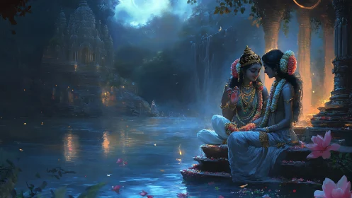 Divine lovers rest by moonlit river amid glowing temple ruins.