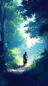 Mountain Biker Traversing Luminous Forest Canopy Pathway with Dynamic Light Rendering