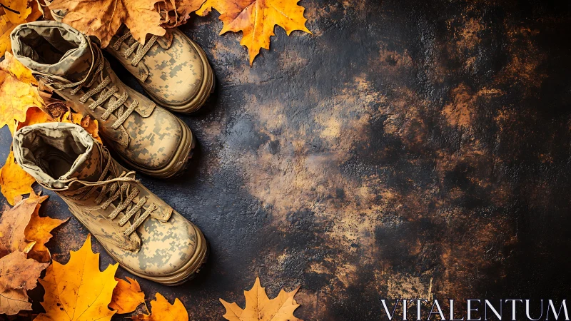 Military boots rest on textured dark surface with leaves