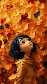 Blue haired girl in yellow coat lying in autumn leaves.