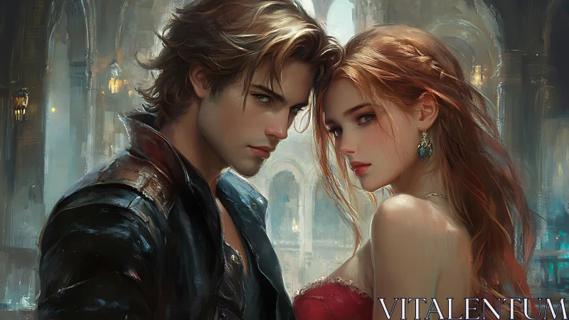 Two souls contemplate each other against crystalline towers